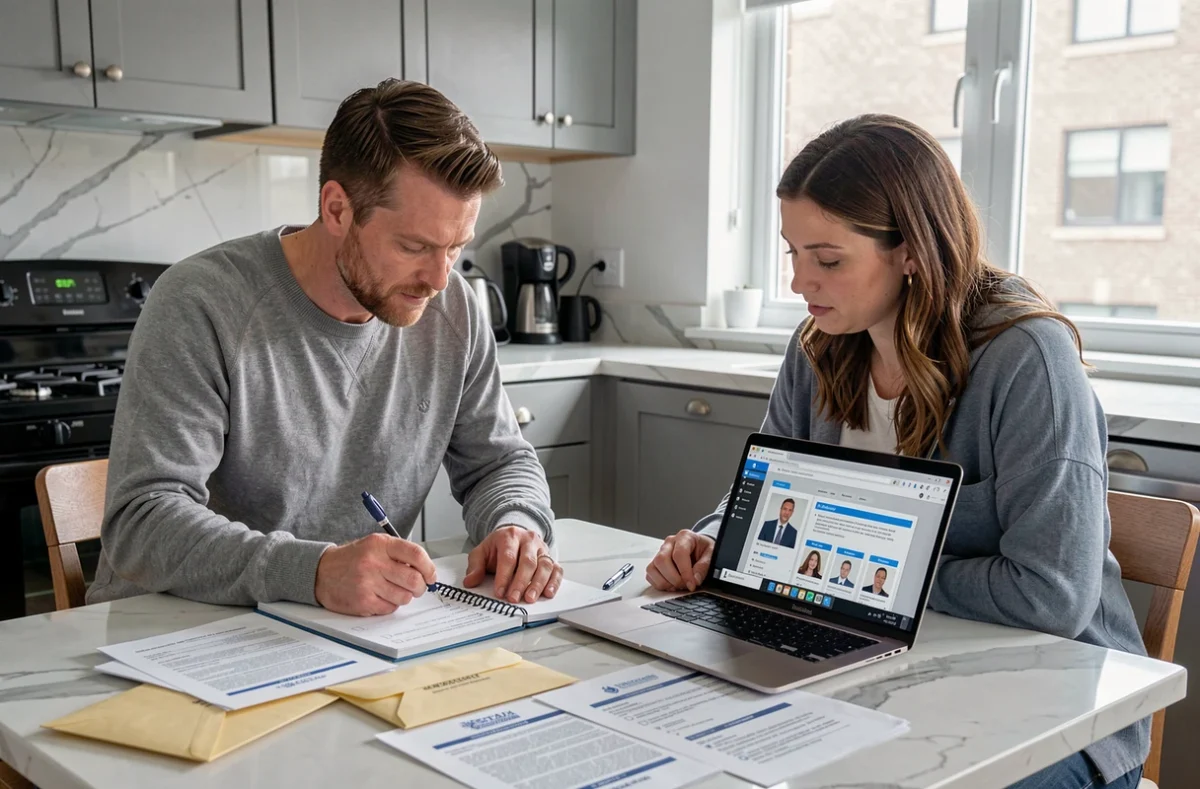 Couple réorganisant et numérisant leurs documents administratifs sur un coffre numérique sécurisé avant un déménagement