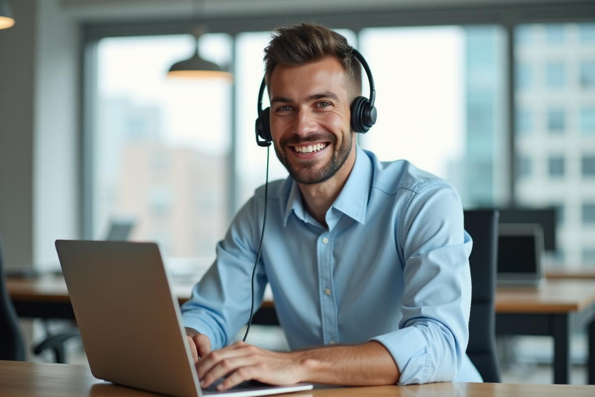Jeune homme souriant avec casque et ordinateur portable dans un espace de coworking
