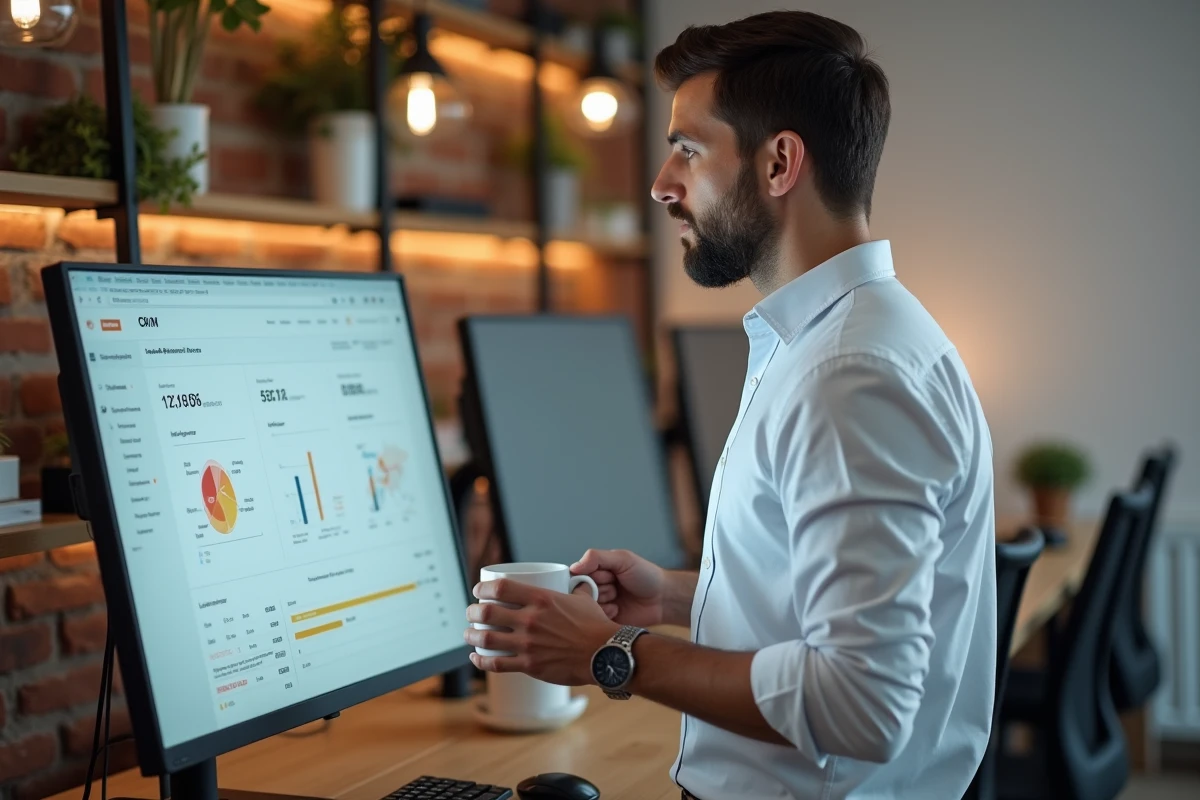 Responsable marketing examinant un tableau de bord CRM avec des indicateurs de pipeline et de réseau partenaire dans un espace de coworking