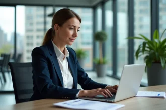 Responsable RH consultant un portail de dématérialisation des documents RH sur ordinateur portable dans un bureau moderne