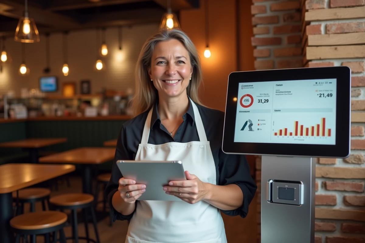 Restauratrice devant son distributeur automatique de pizzas mypizzadoor Pro dans sa pizzeria, deuxième point de vente automatisé