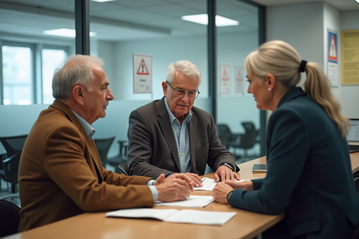 Retraites discutant avec un agent administratif dans un bureau moderne