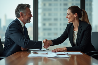 Deux professionnels en costume se serrent la main dans une salle moderne