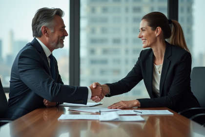 Deux professionnels en costume se serrent la main dans une salle moderne
