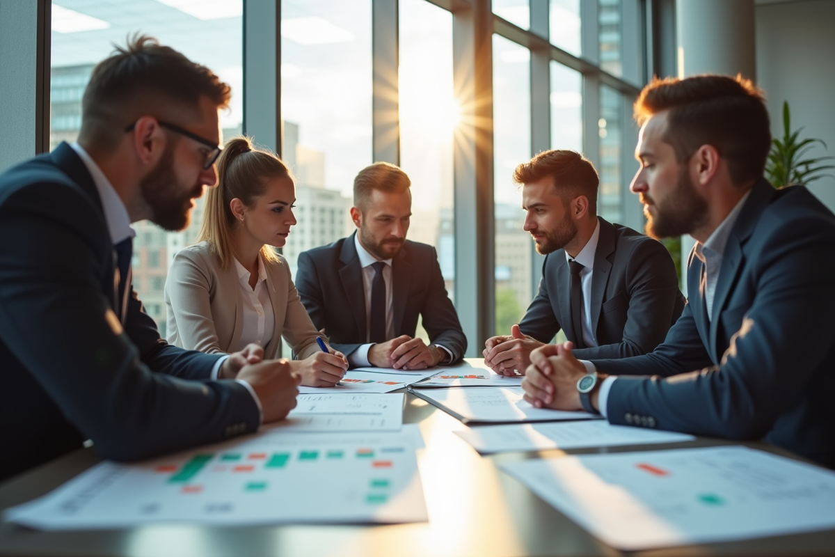 Réunion d'affaires dans un bureau moderne avec groupe diversifié