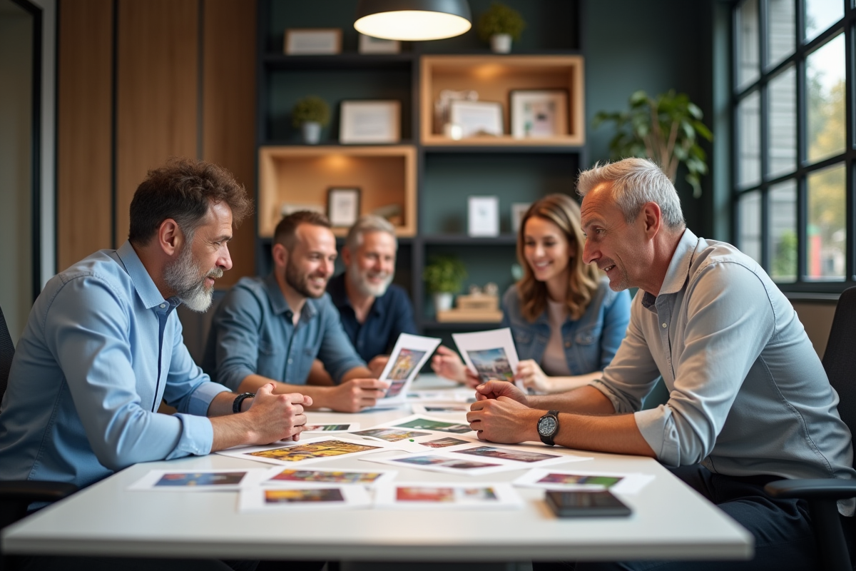 Groupe de quatre personnes examinant des épreuves d