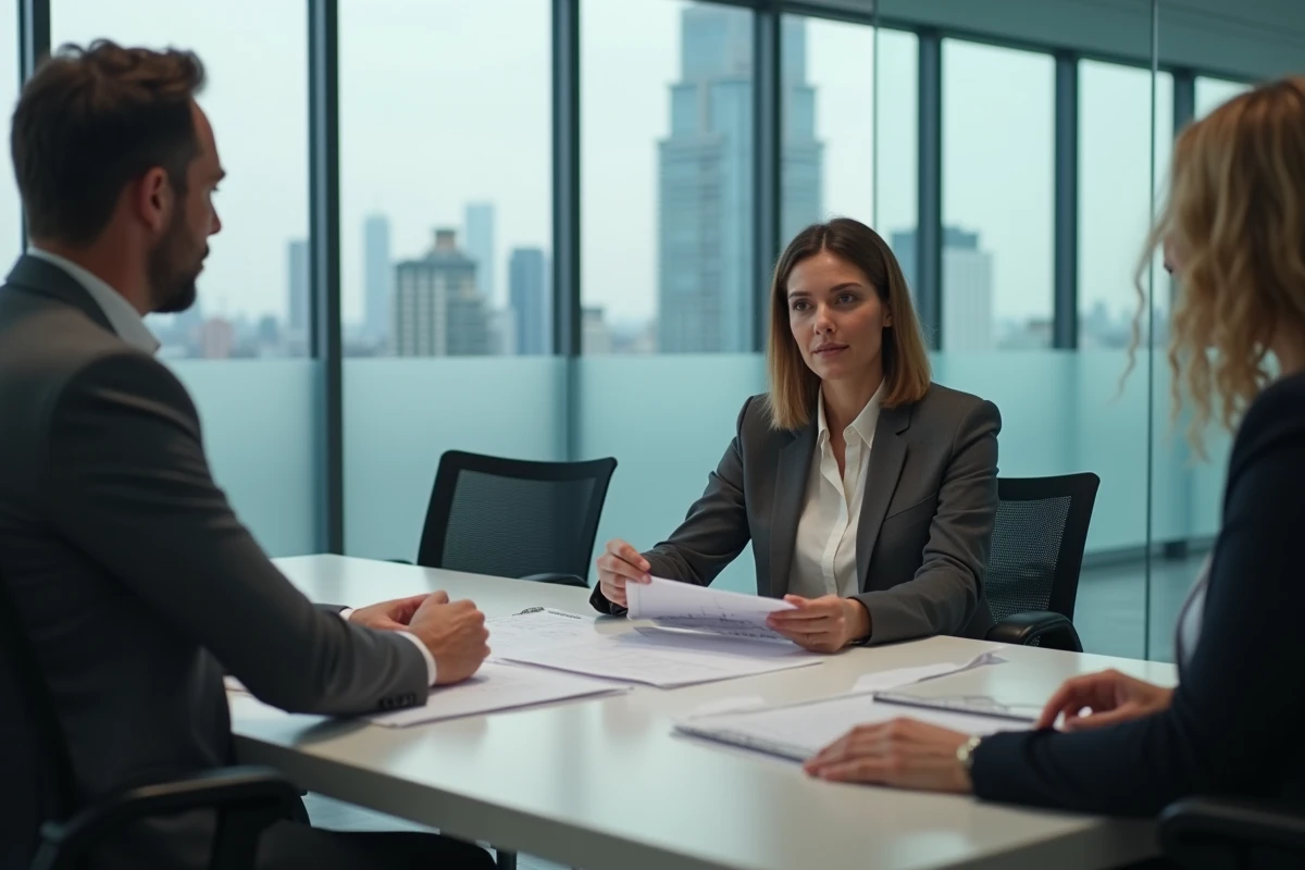 Salariée Altran en réunion avec un client, discutant de plans de projet dans une salle de conférence vitrée en entreprise