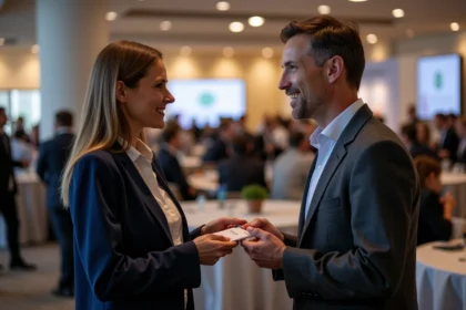 Deux professionnels en costume échangeant des cartes de visite lors d'un salon B2B dans une salle de conférence moderne