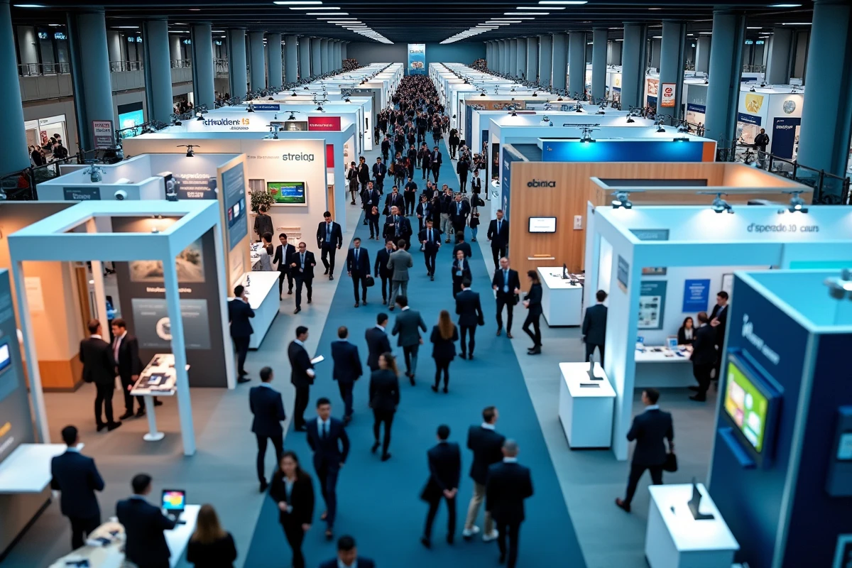 Vue panoramique d'un salon professionnel B2B avec des stands d'exposition et des visiteurs en costume dans une grande salle