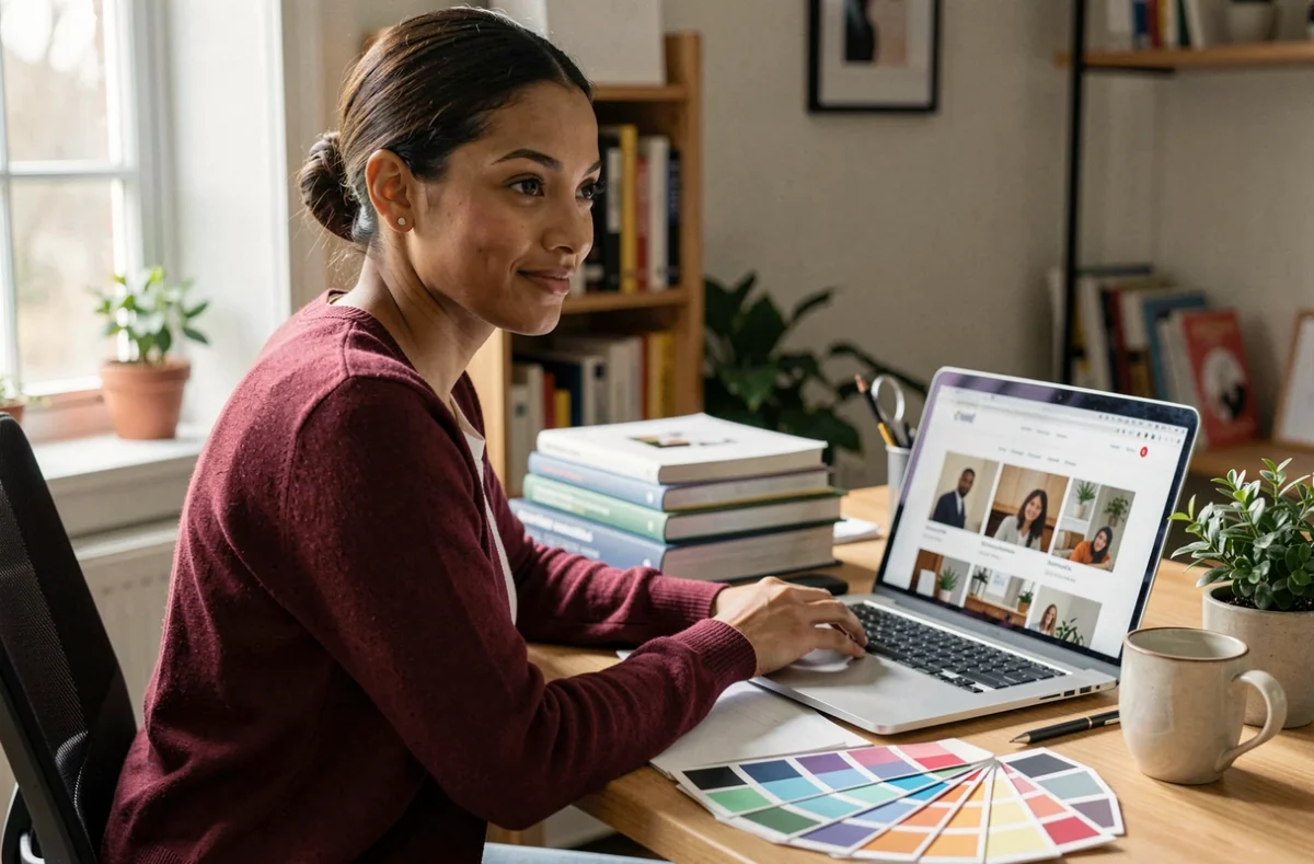 Webdesigner indépendante Sarah El Gharbi travaillant sur un site portfolio élégant dans son studio créatif personnel