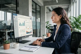 Femme cadre analysant une stratégie d'acquisition B2B sur un tableau de bord numérique dans un bureau moderne