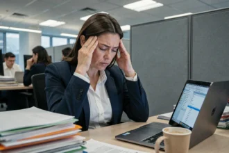 Femme cadre épuisée au bureau, visage dans les mains, entourée de dossiers et d'un ordinateur portable dans un open-space moderne, illustrant le stress au travail