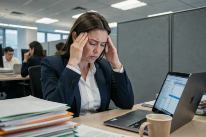 Femme cadre épuisée au bureau, visage dans les mains, entourée de dossiers et d'un ordinateur portable dans un open-space moderne, illustrant le stress au travail