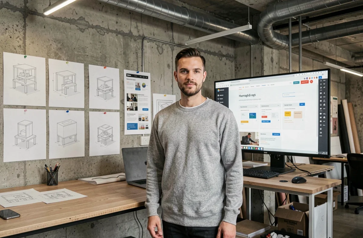 Designer de Studio JNA travaillant sur des projets de création de sites internet dans un atelier au style industriel moderne
