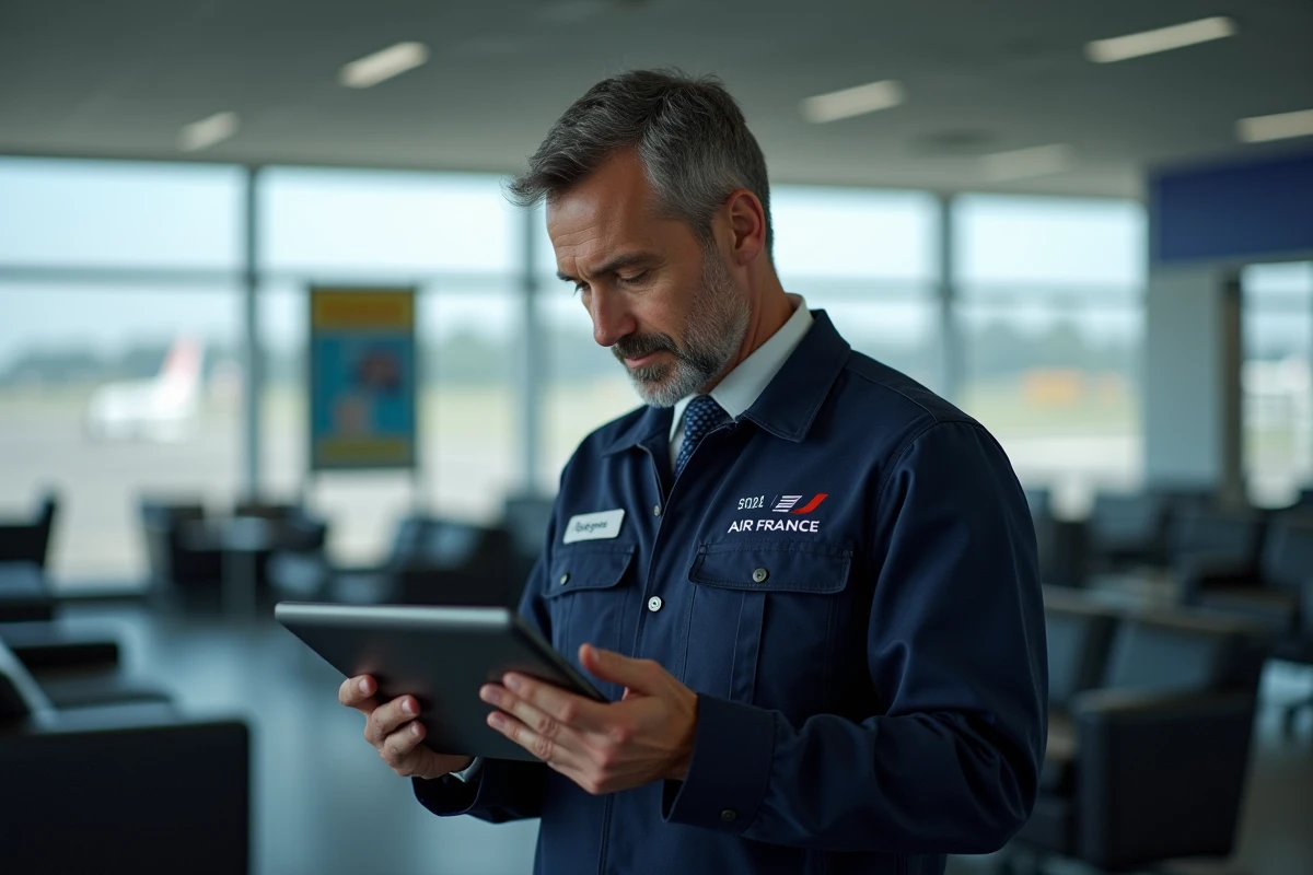 Technicien Air France utilisant une tablette dans lounge aéroport
