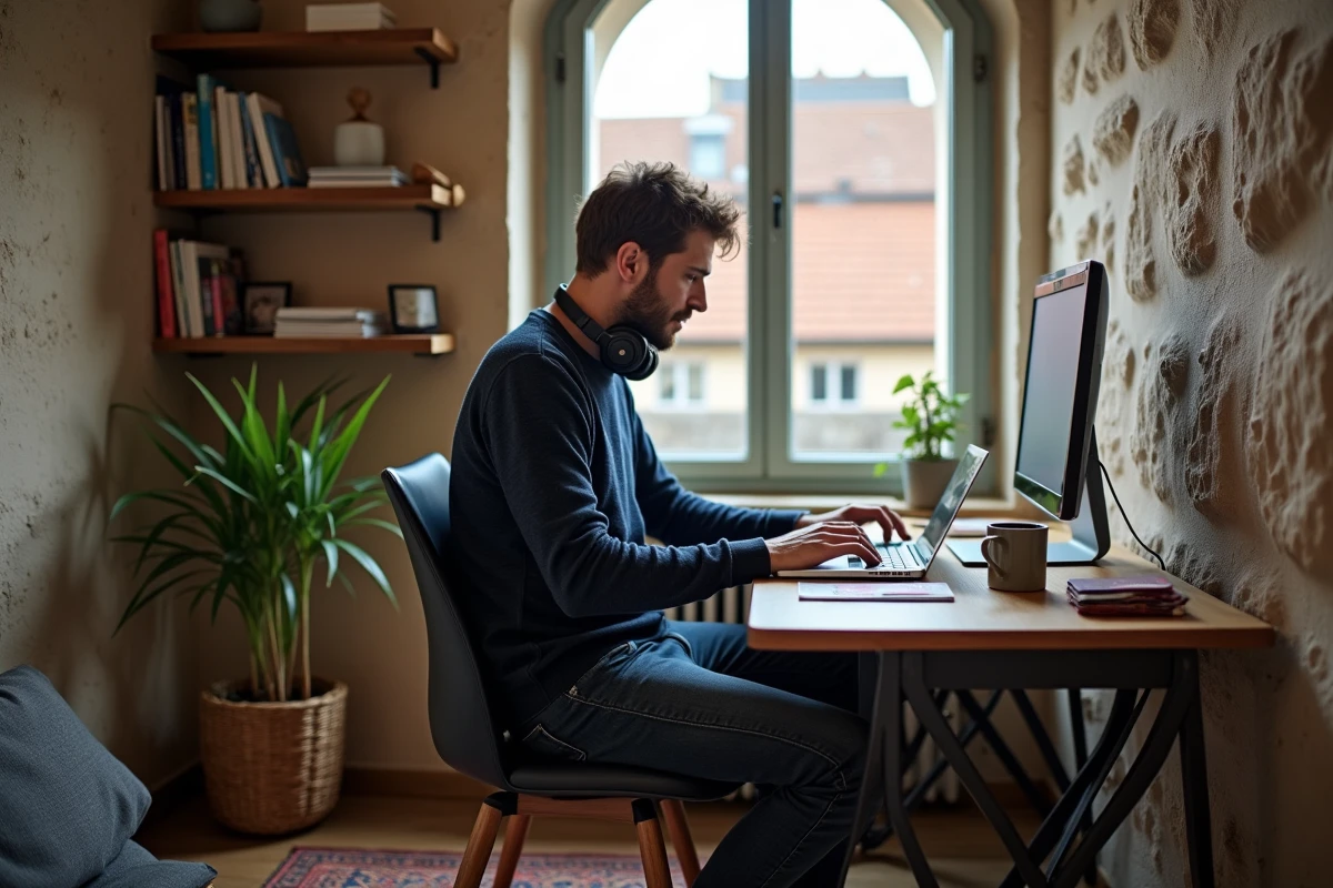 Homme en télétravail depuis un appartement loué avec vue sur les toits européens, ordinateur et passeport sur le bureau