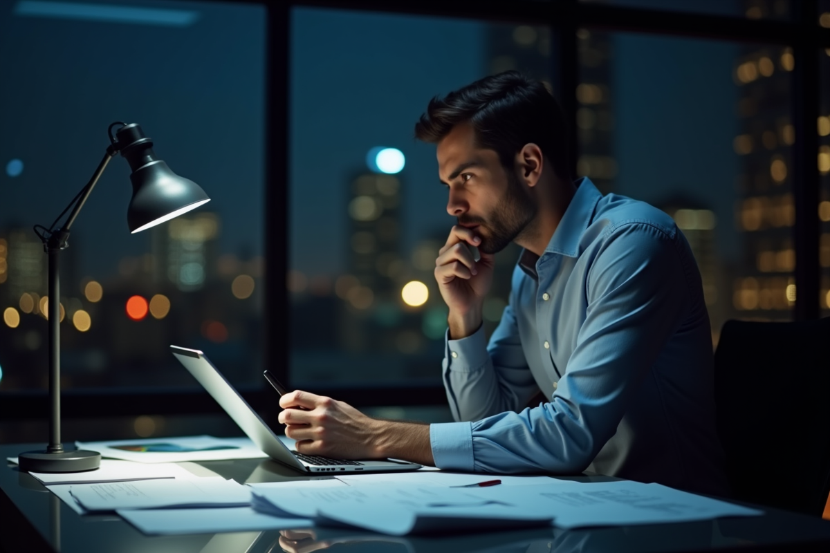 Homme concentré travaillant tard dans un bureau urbain