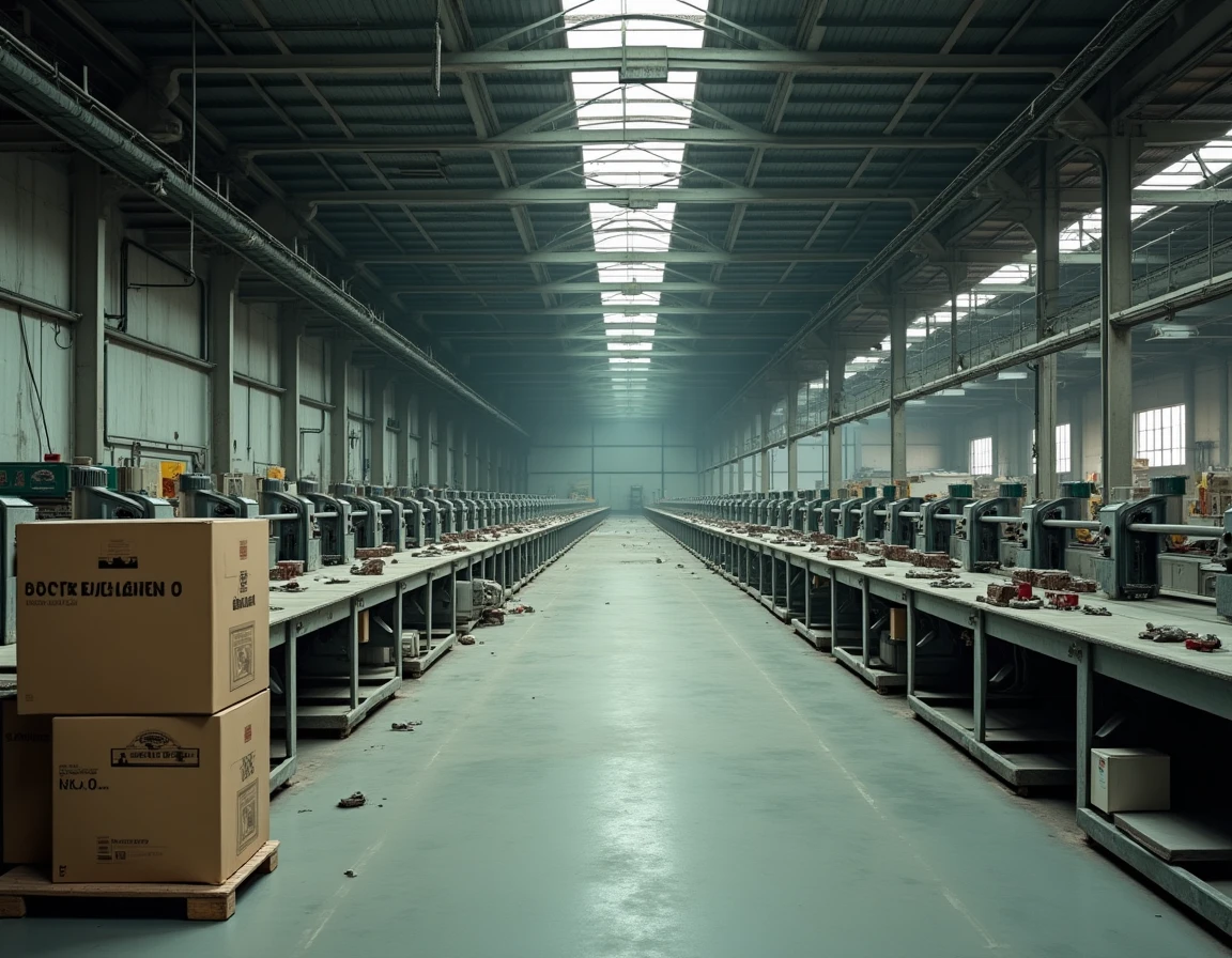 Intérieur d'une usine allemande de jouets partiellement démantelée avec des postes de travail abandonnés et des tapis roulants arrêtés