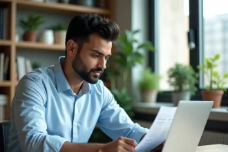 Homme vérifiant la fiabilité d'un service de transfert d'argent en ligne sur un ordinateur portable