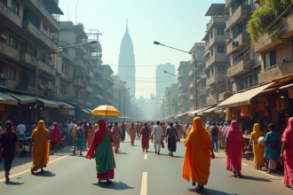 Rue animée de Mumbai avec marché et gratte-ciel