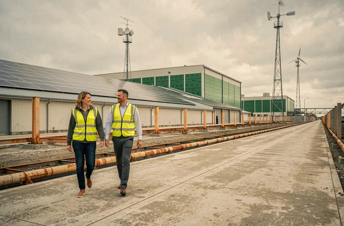 Professionnels visitant un site industriel reconverti avec des équipements écologiques et des panneaux solaires