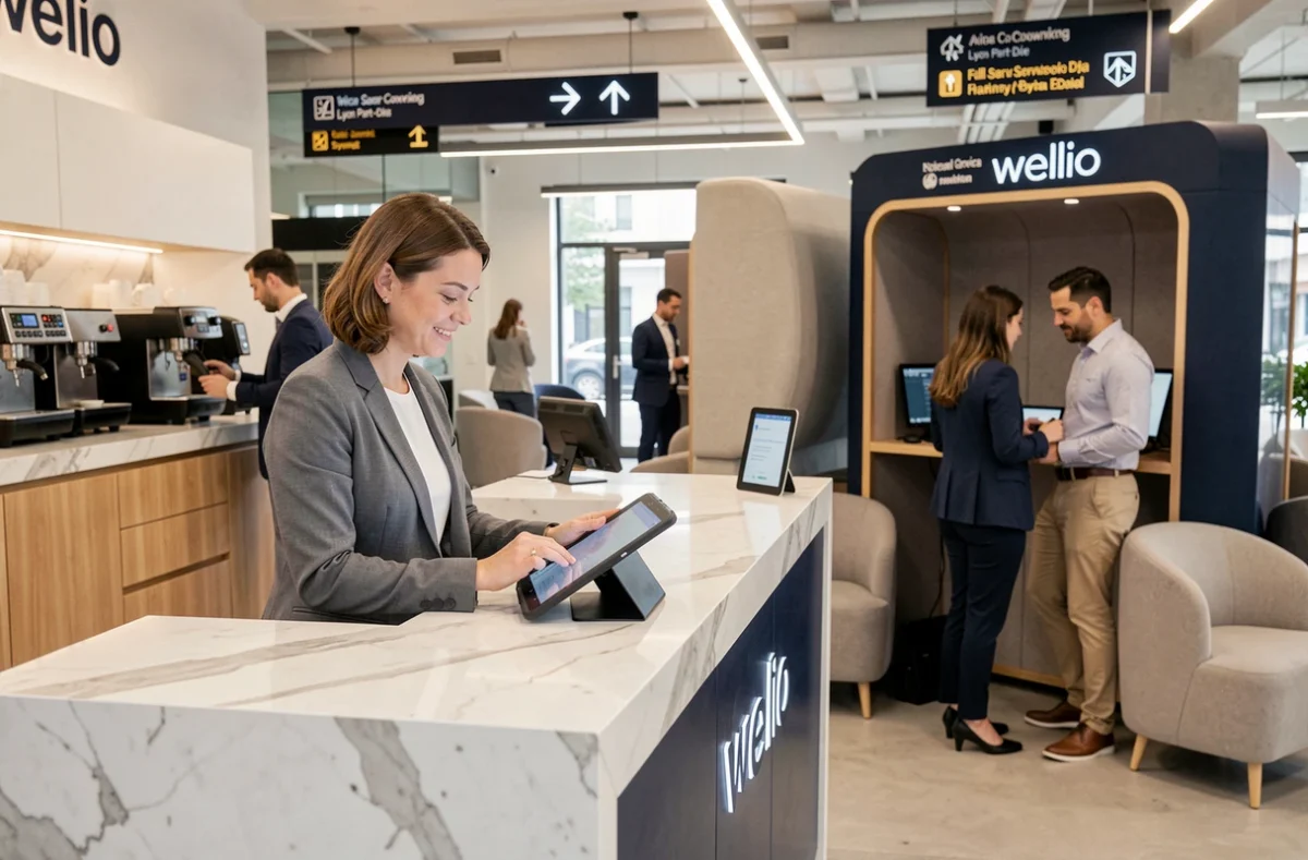 Espace Wellio Lyon Part-Dieu avec une femme au bureau de services intégrés et des collègues utilisant les espaces communs en arrière-plan