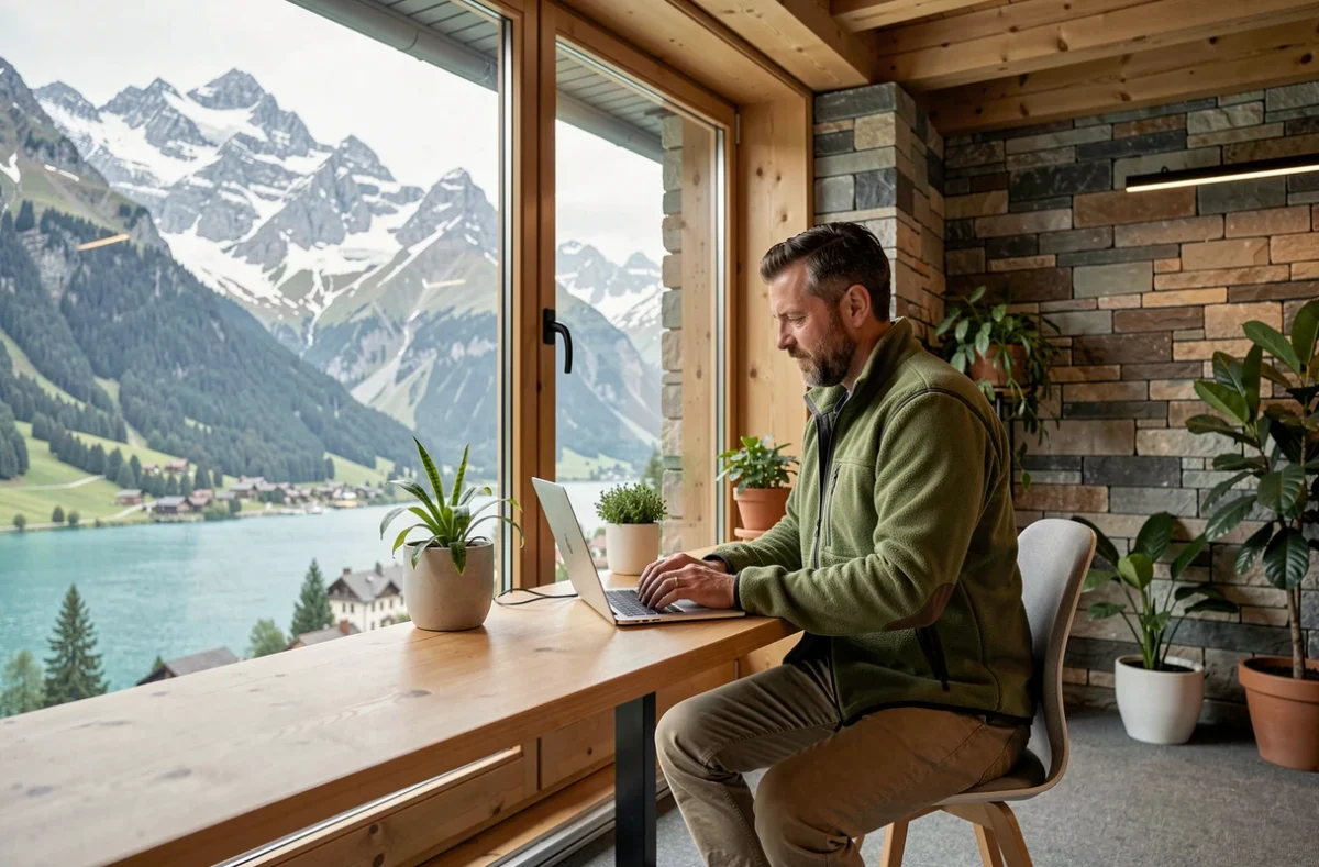 Espace de coworking Wojo Annecy avec un homme travaillant face à une vue panoramique sur les Alpes et le lac en arrière-plan